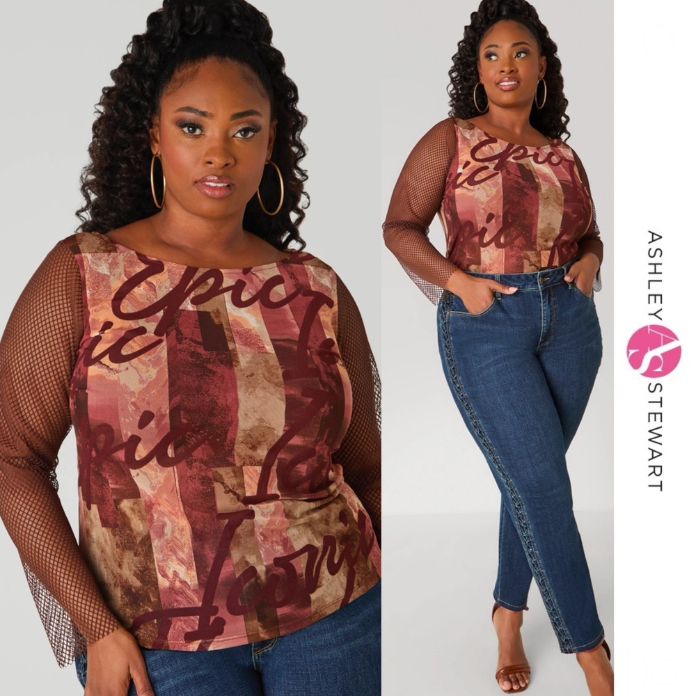 Ashley Stewart - Brown Net Paneled Iconic Print Mesh Tee Size 14/16